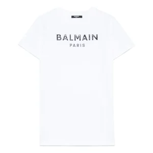 Abito con logo in rilievo per bambina Balmain Kids bianco con girocollo