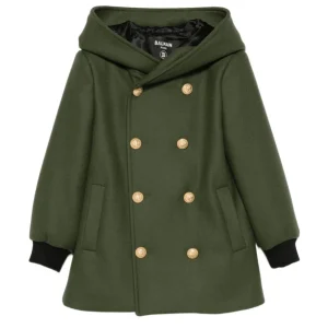 Cappotto doppiopetto per bambina Balmain Kids verde con cappuccio