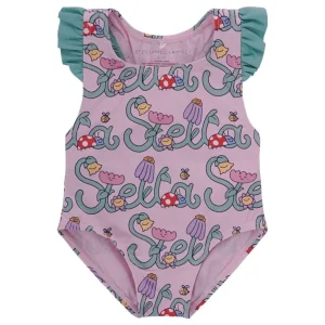 Costume per neonata Stella McCartney Kids rosa con stampa logo all-over