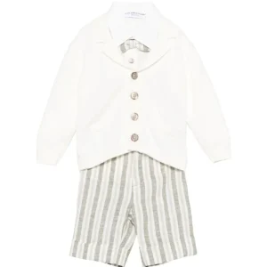 Set cardigan con salopette per neonato Colorichiari bianco a righe (3 pezzi)