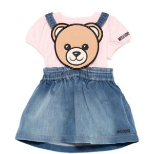 Set t-shirt e salopette per neonata Moschino Kids multicolore con stampa Teddy Bear sul davanti