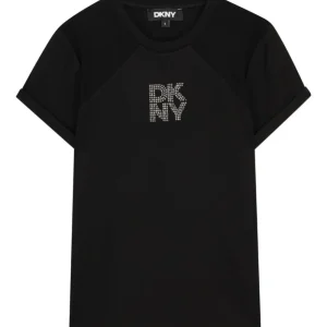 T-shirt per bambina Dkny Kids nera con logo con strass